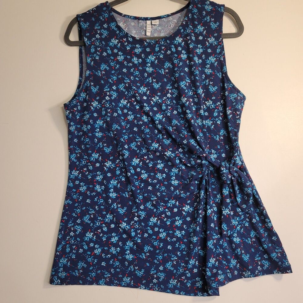 Elle Navy Blue Floral Side Tie Sleeveless Blouse Top Women's Large Soft Stretch